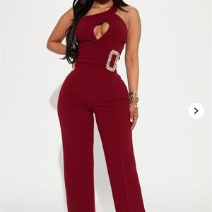 Red Halter Neck Jumpsuit with Wide-Leg Design